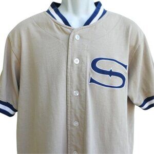 Stussy Baseball Ringer Shirt Ecru Navy White Knit Trim Cotton Button Front M